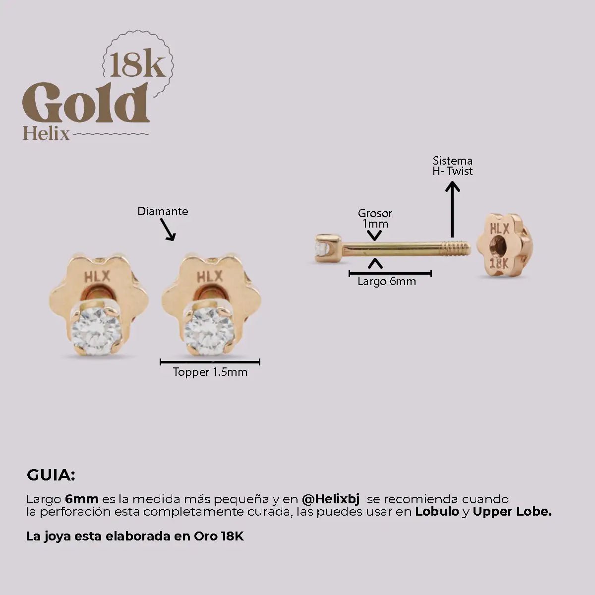 Aretes de Oro 18K con Diamante Natural – Diseño Helix "H" | Alta Joyería - Helix Body Jewelry - Tienda Online de Piercings