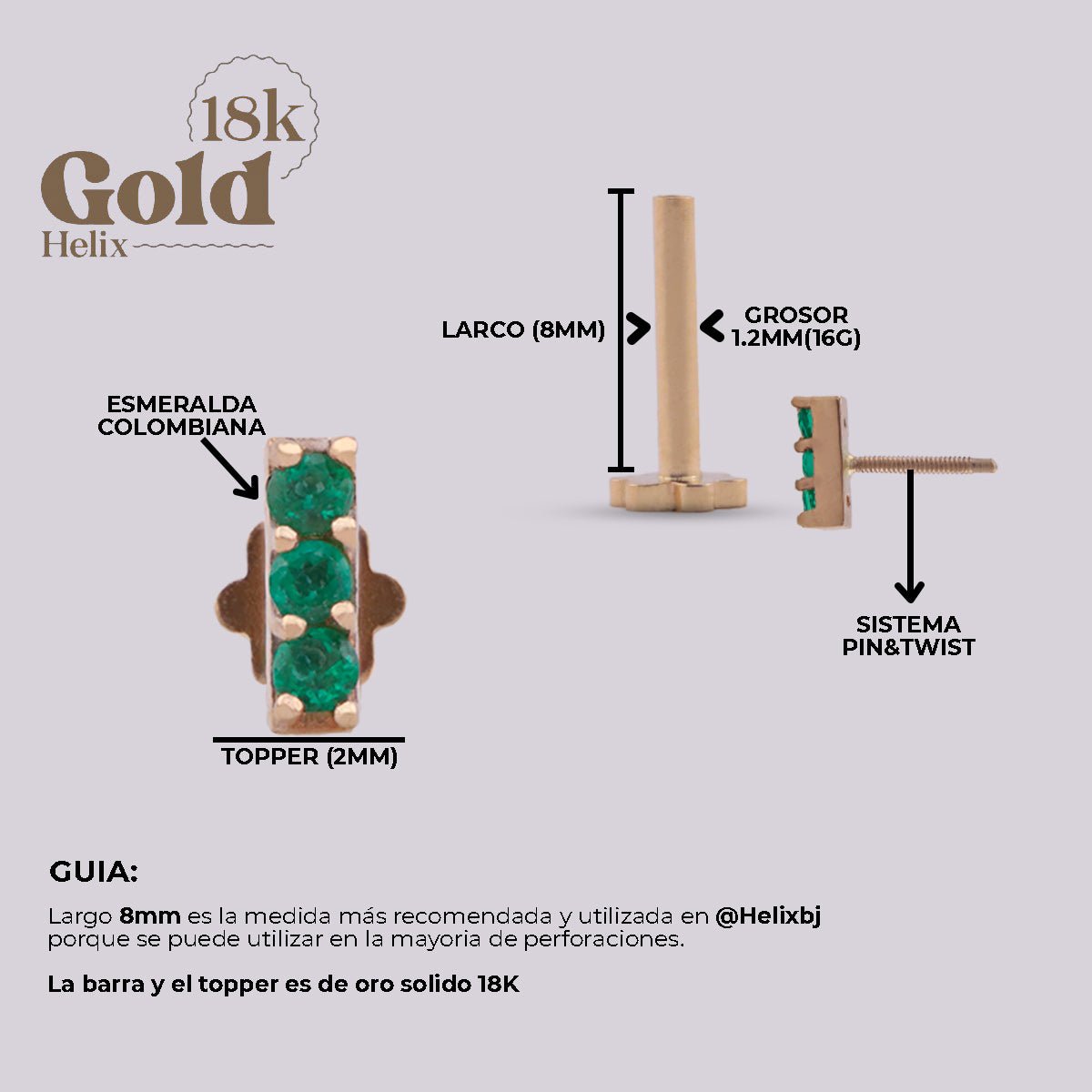 Pendiente Labret Oro 18K con Esmeraldas Colombianas - Helix Body Jewelry - Tienda Online de Piercings