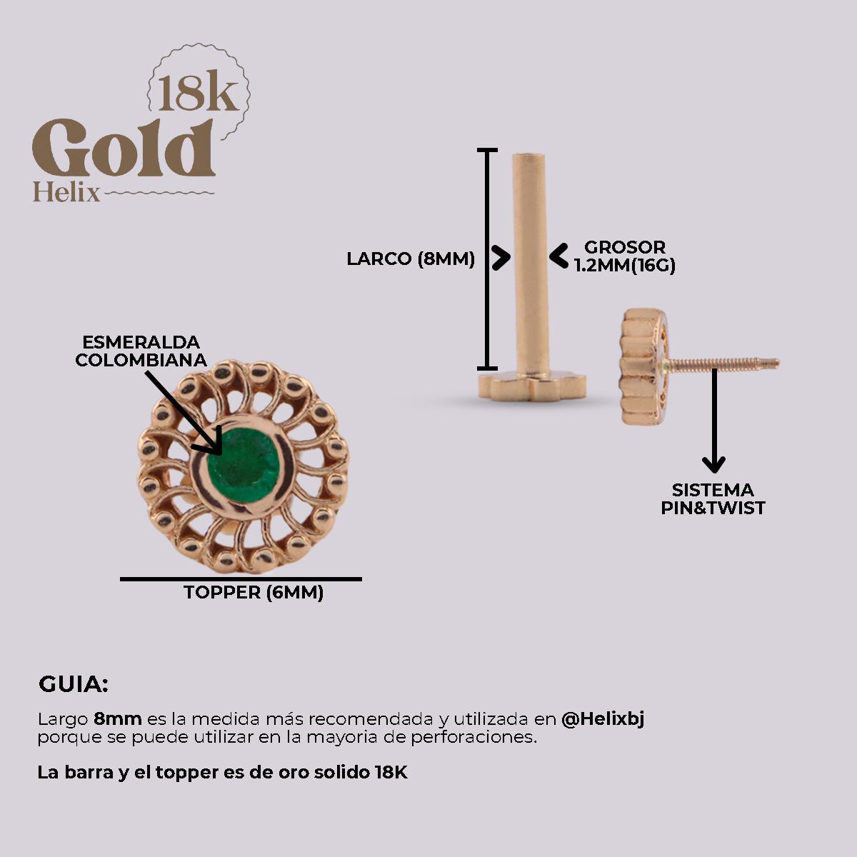 Pendiente labret espirales con esmeralda - Helix Body Jewelry - Tienda Online de Piercings