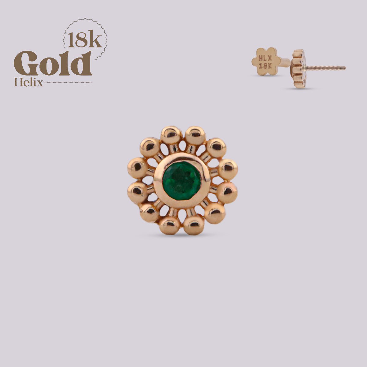 Joya con diseño de sol en oro y esmeralda colombiana - Helix Body Jewelry - Tienda Online de Piercings