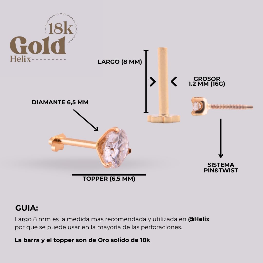 Labret en Oro 18K con Moissanita | Sistema Pin & Twist – Helix BJ - Helix Body Jewelry - Tienda Online de Piercings