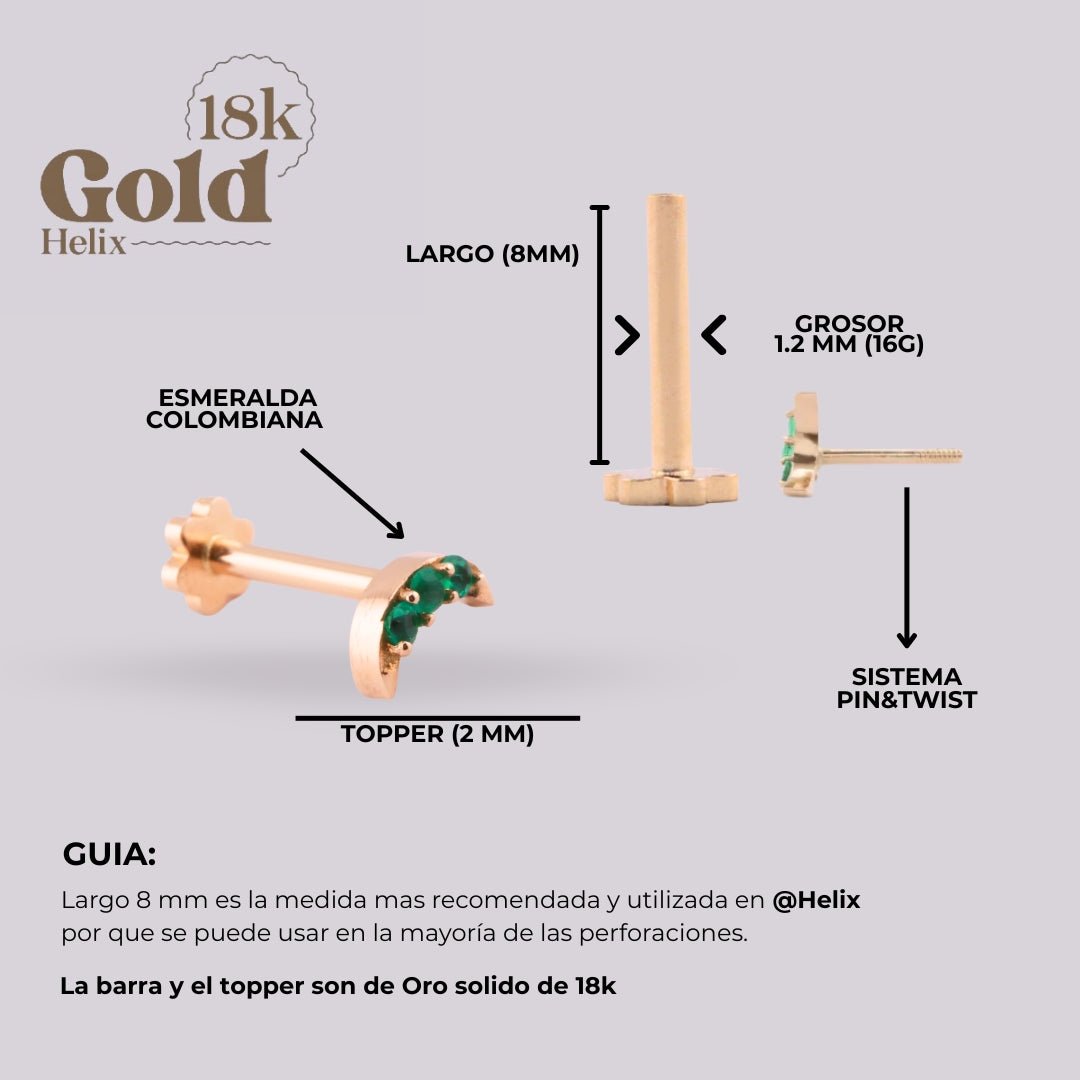 Labret en Oro 18K con Esmeraldas | Diseño de Luna Creciente - Helix Body Jewelry - Tienda Online de Piercings