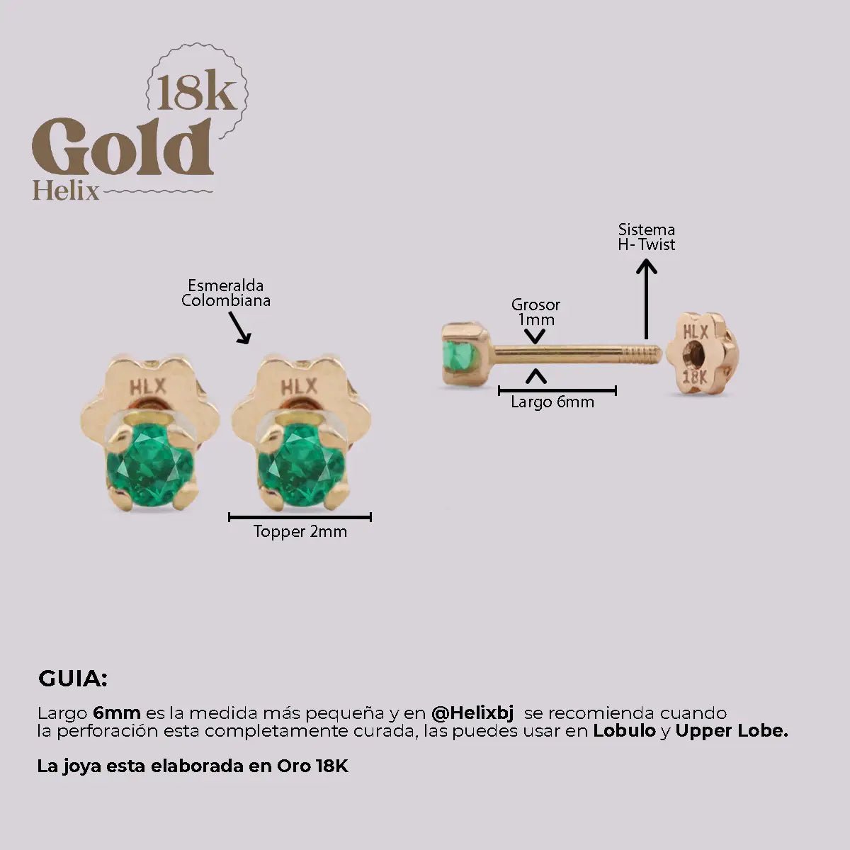 Aretes de Oro 18K con Esmeralda Colombiana – Diseño Exclusivo Helix "H" - Helix Body Jewelry - Tienda Online de Piercings
