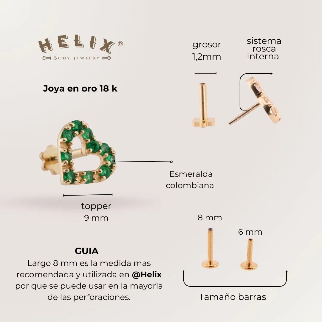 Labret Corazón Oro 18K con Esmeraldas Colombianas