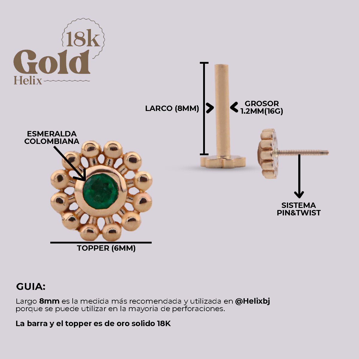 Joya con diseño de sol en oro y esmeralda colombiana - Helix Body Jewelry - Tienda Online de Piercings