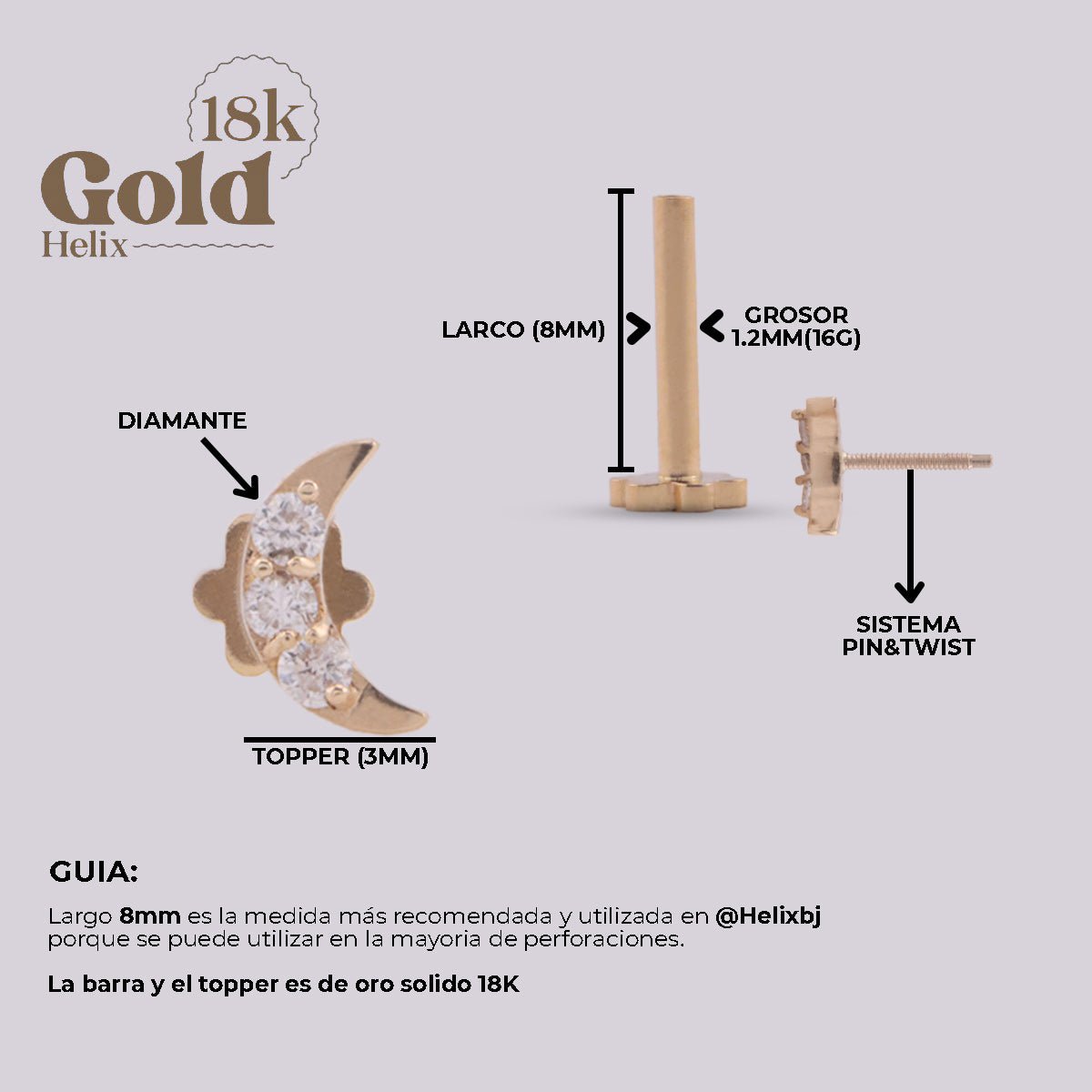 Joya en oro con diseño de luna y diamante - Helix Body Jewelry - Tienda Online de Piercings