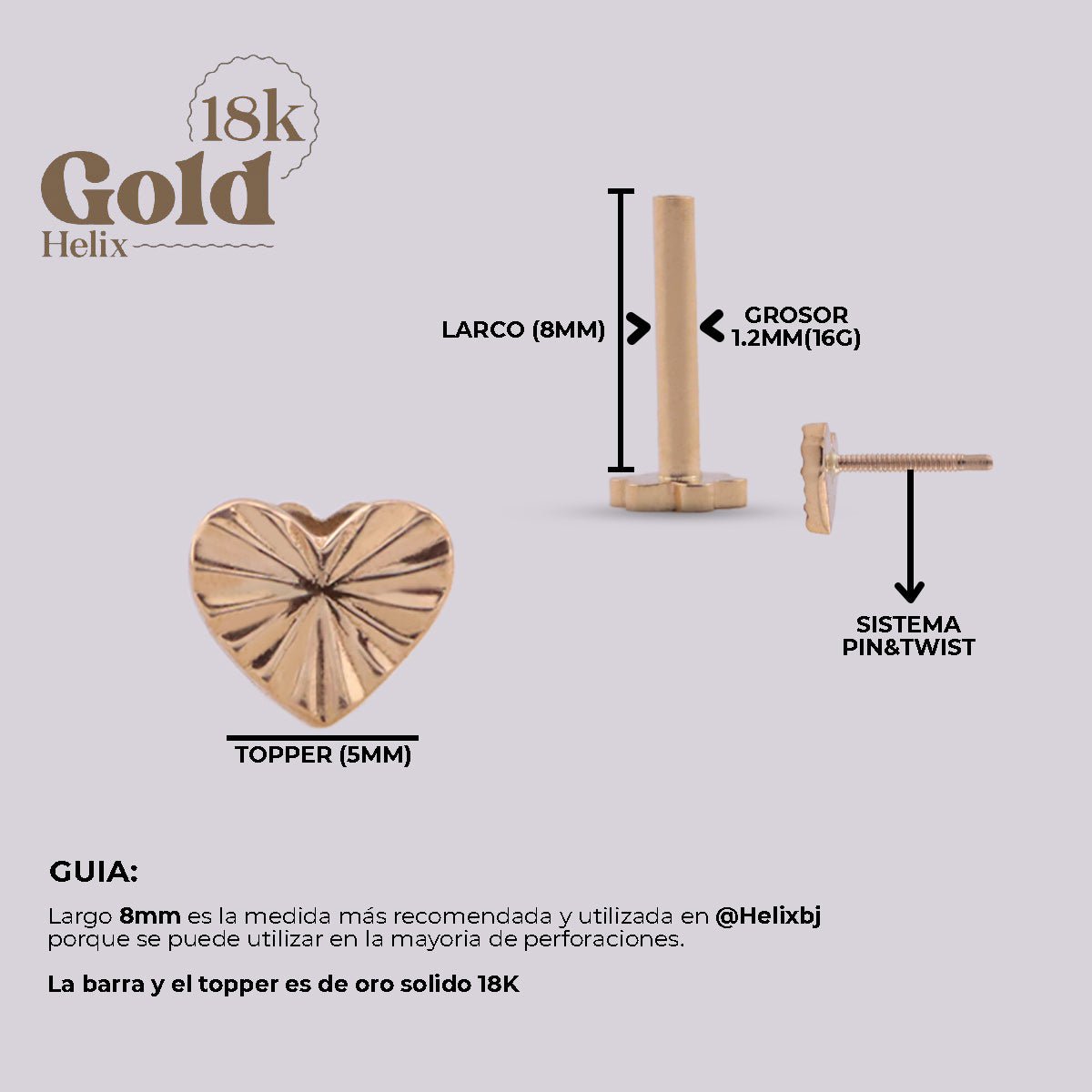 Labret Corazón Oro 18K | Pendiente Oreja con Grabado - Helix Body Jewelry - Tienda Online de Piercings