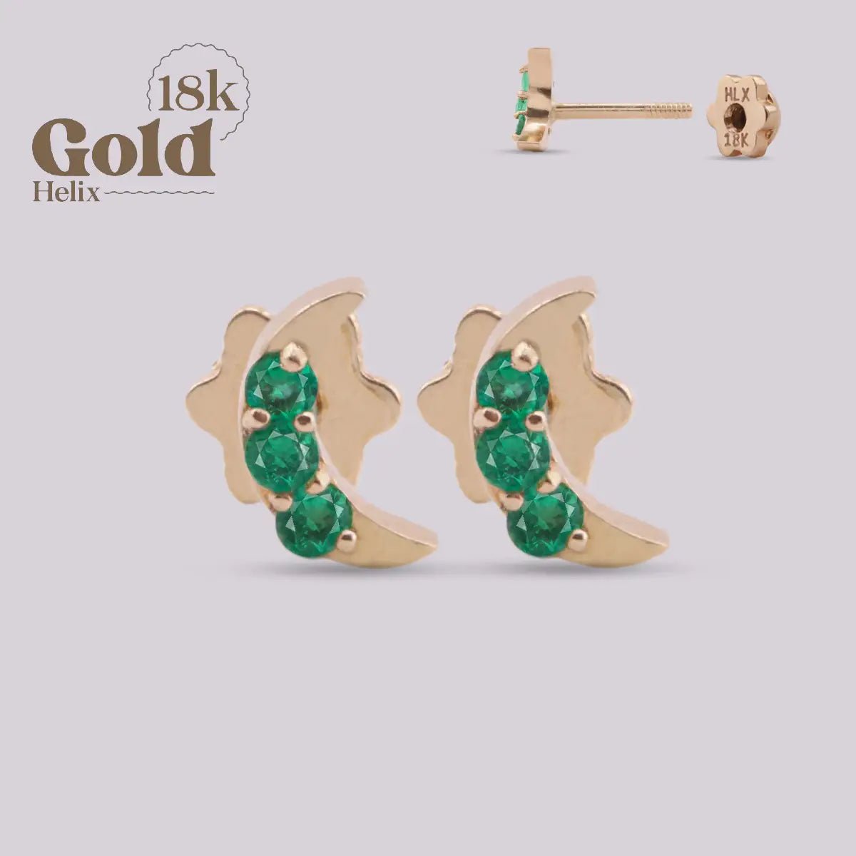 Arete de Oro 18K con Esmeralda – Luna Creciente | Joya de Lujo Helix - Helix Body Jewelry - Tienda Online de Piercings