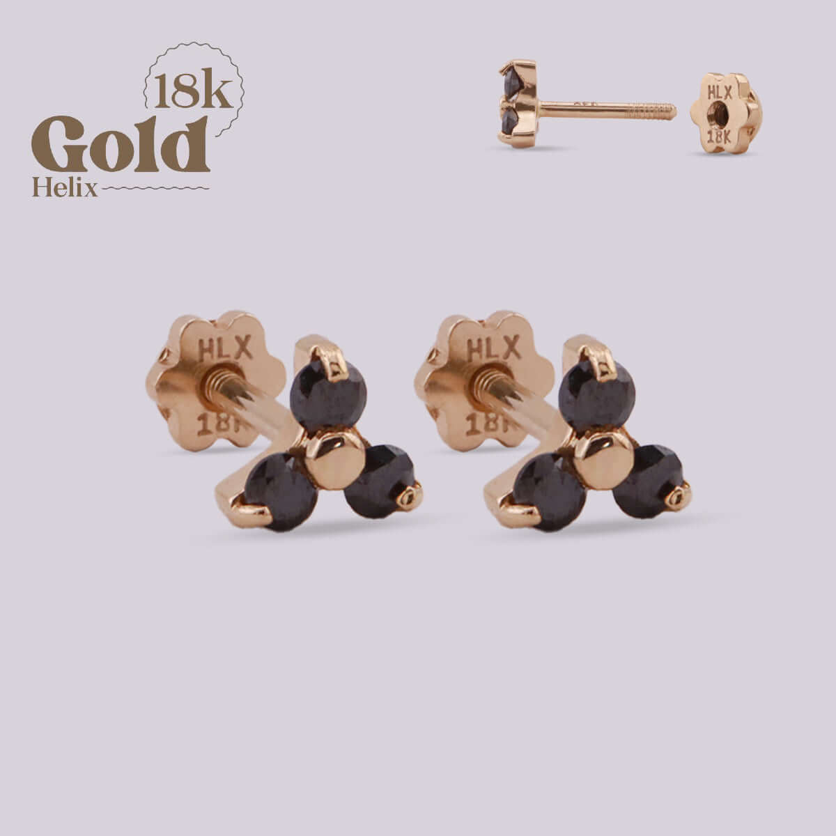 Aretes en oro con tres diamantes negros - Helix Body Jewelry - Tienda Online de Piercings