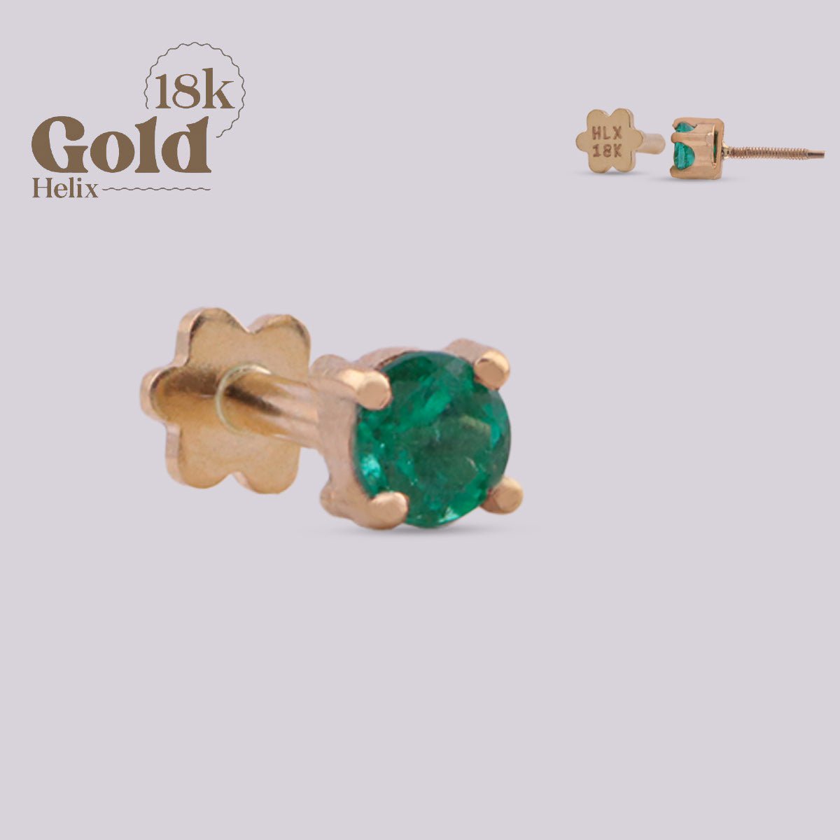 Joya para oreja con esmeralda de 3mm en oro 18K - Helix Body Jewelry - Tienda Online de Piercings