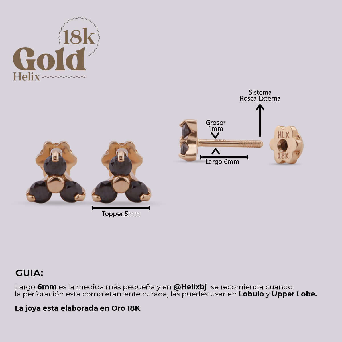 Aretes en oro con tres diamantes negros - Helix Body Jewelry - Tienda Online de Piercings