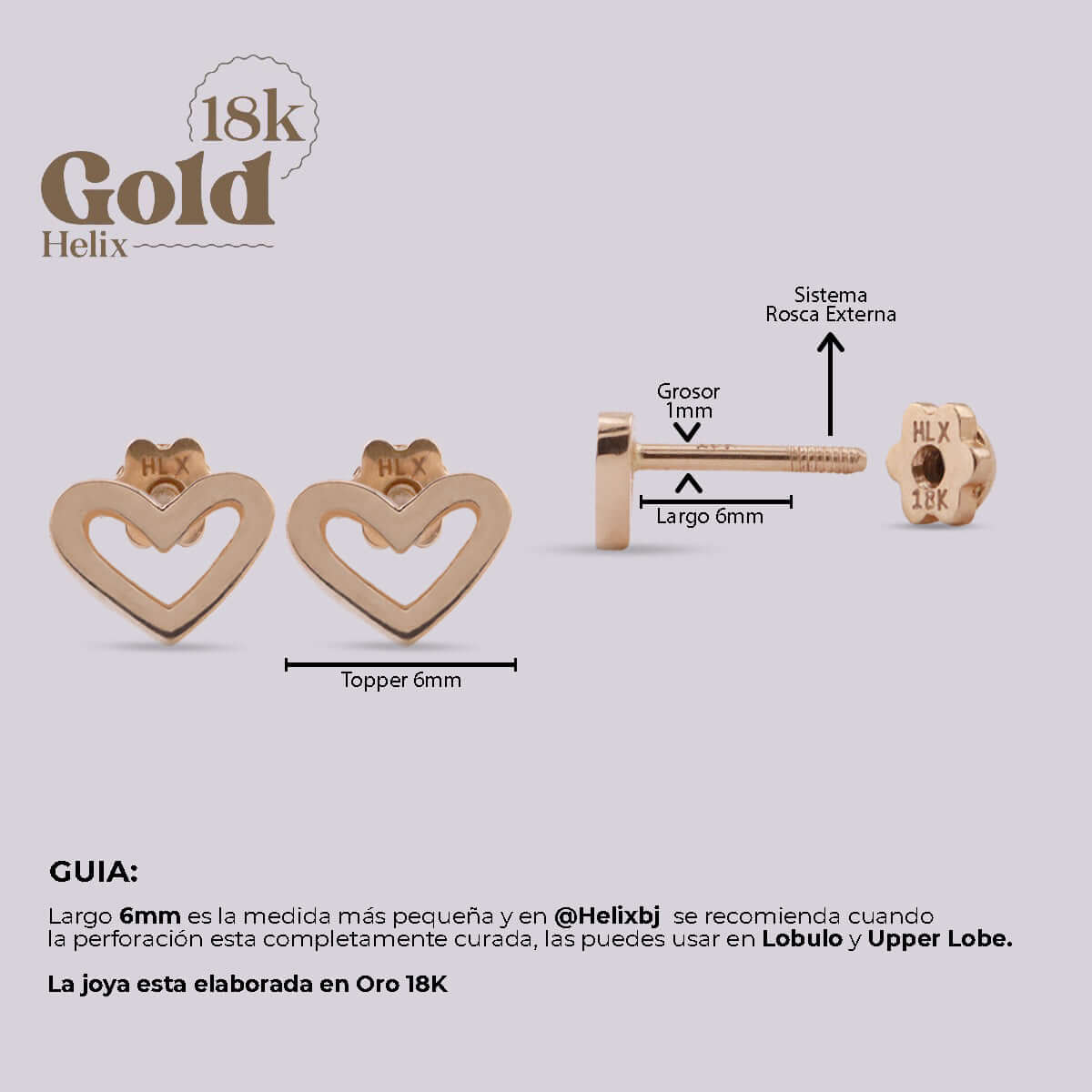 Aretes en oro con forma corazón - Helix Body Jewelry - Tienda Online de Piercings