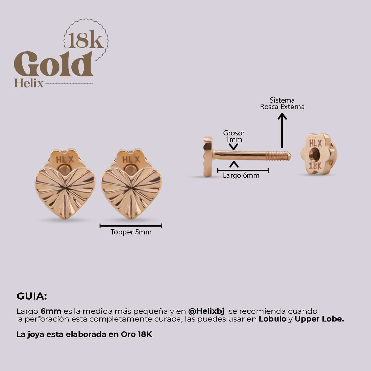Aretes en oro con forma de Corazón grabado - Helix Body Jewelry - Tienda Online de Piercings
