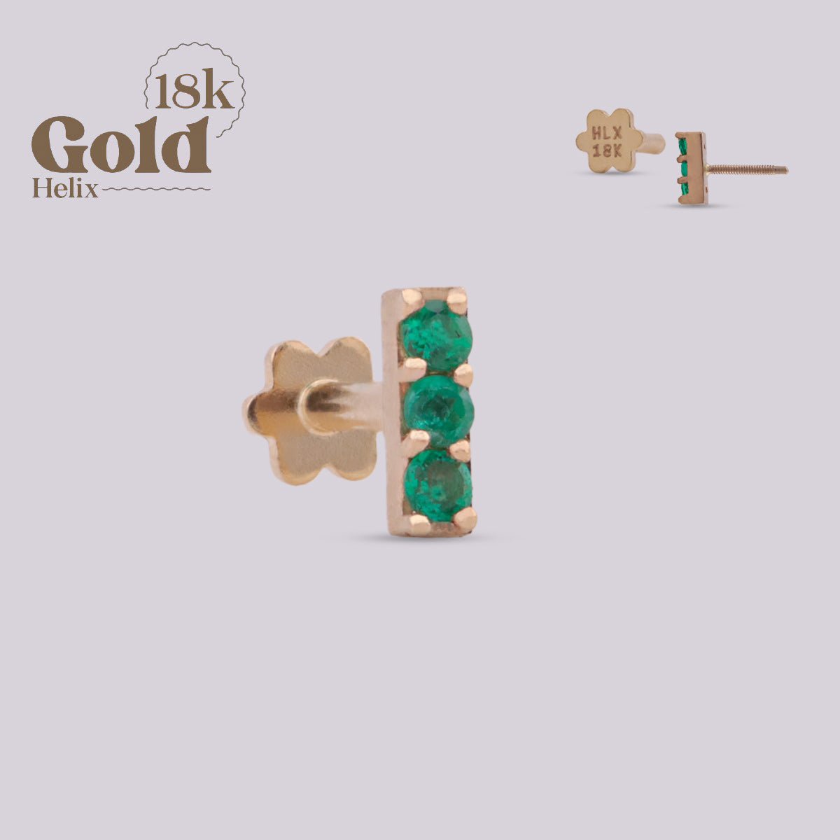 Pendiente Labret Oro 18K con Esmeraldas Colombianas - Helix Body Jewelry - Tienda Online de Piercings