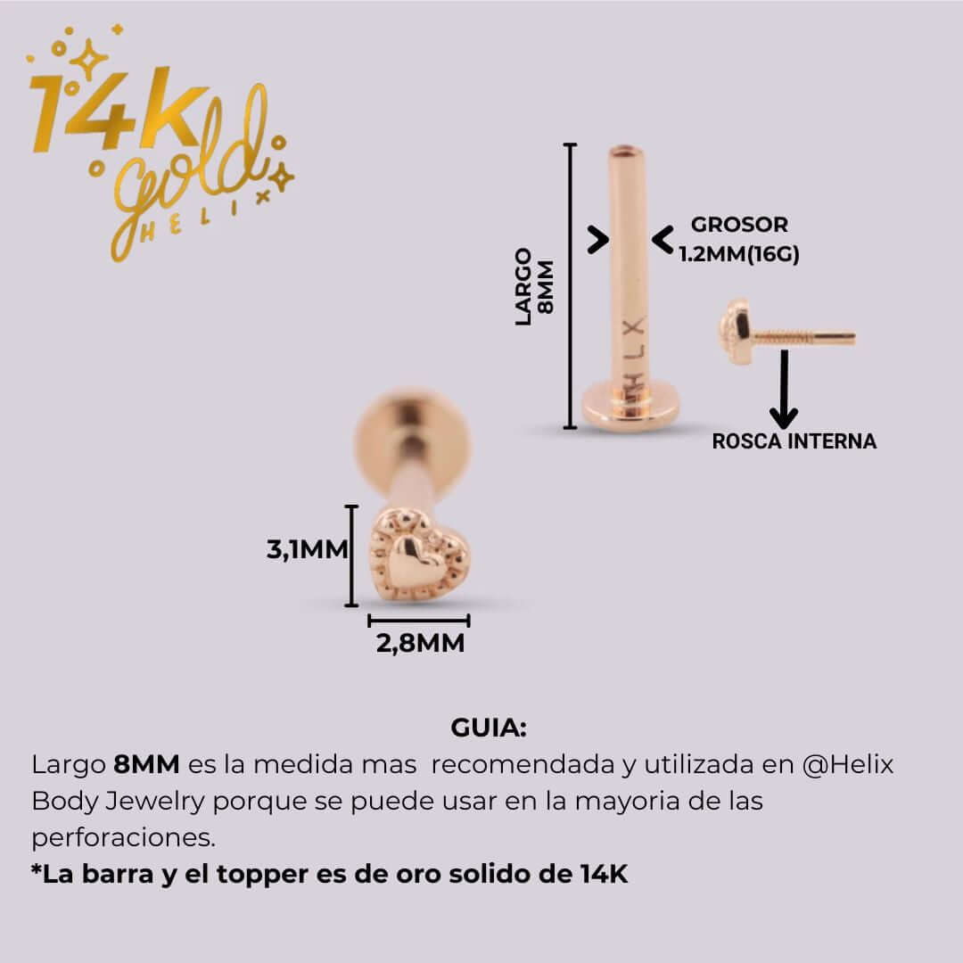 Arete con forma de corazón en oro solido de 14K - Helix Body Jewelry - Tienda Online de Piercings