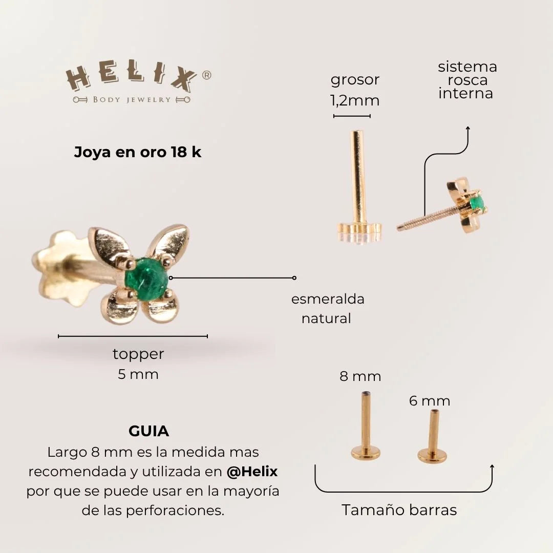 Labret Mariposa Oro 18K con Esmeralda