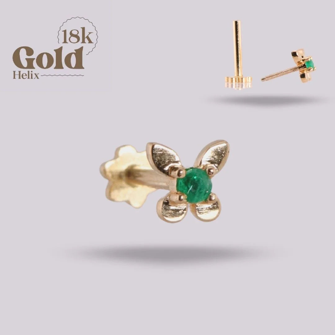 Labret Mariposa Oro 18K con Esmeralda