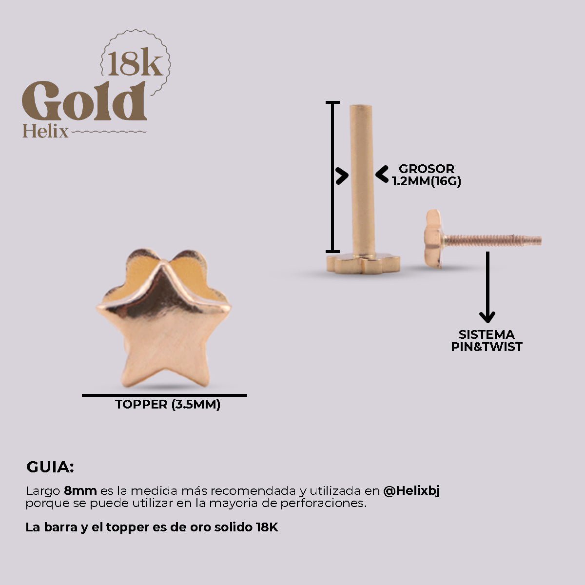 Labret para oreja con forma de estrella en oro - Helix Body Jewelry - Tienda Online de Piercings