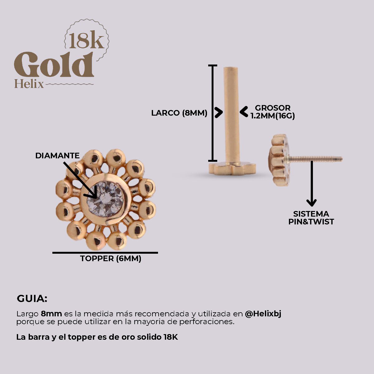 Joya en oro con diseño de sol y diamante - Helix Body Jewelry - Tienda Online de Piercings