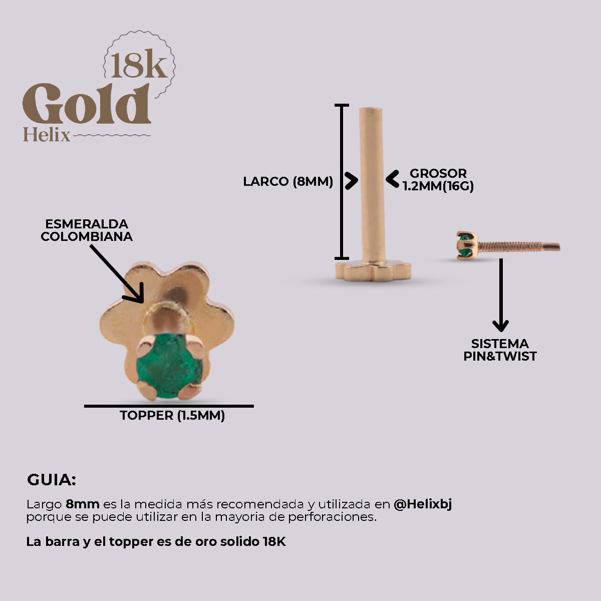 Arete para oreja con incrustación de 1.5mm esmeralda - Helix Body Jewelry - Tienda Online de Piercings