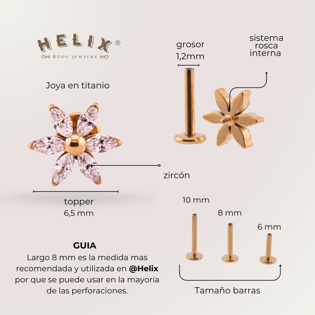 Labret Azalea Dorada Titanio – Flor con Zircones | Helix BJ - Helix Body Jewelry - Tienda Online de Piercings