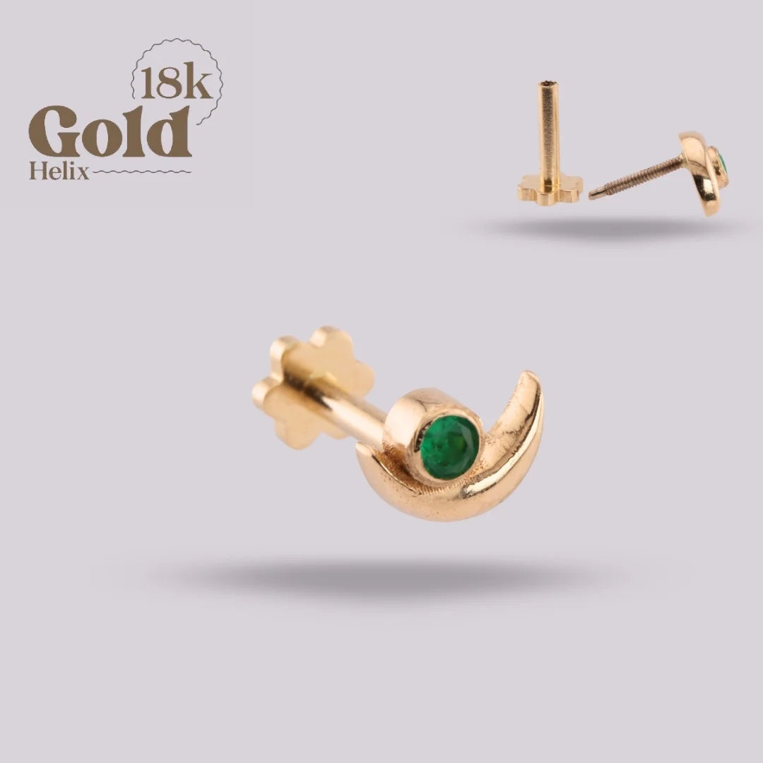 Labret Media Luna Esmeralda Oro 18K