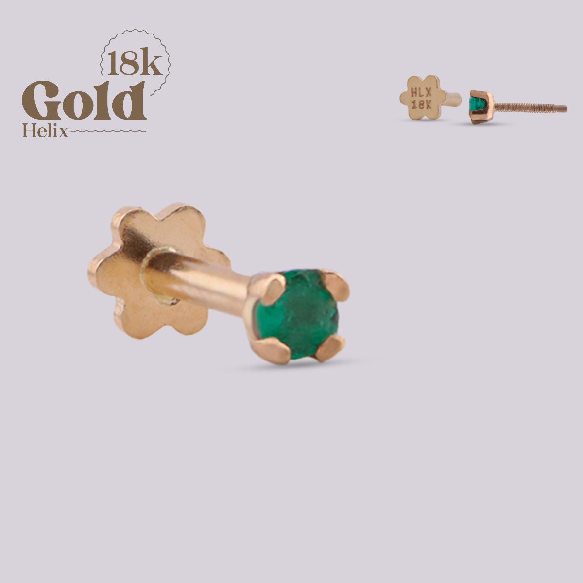 Pendiente labret con esmeralda de 2mm en oro 18K - Helix Body Jewelry - Tienda Online de Piercings